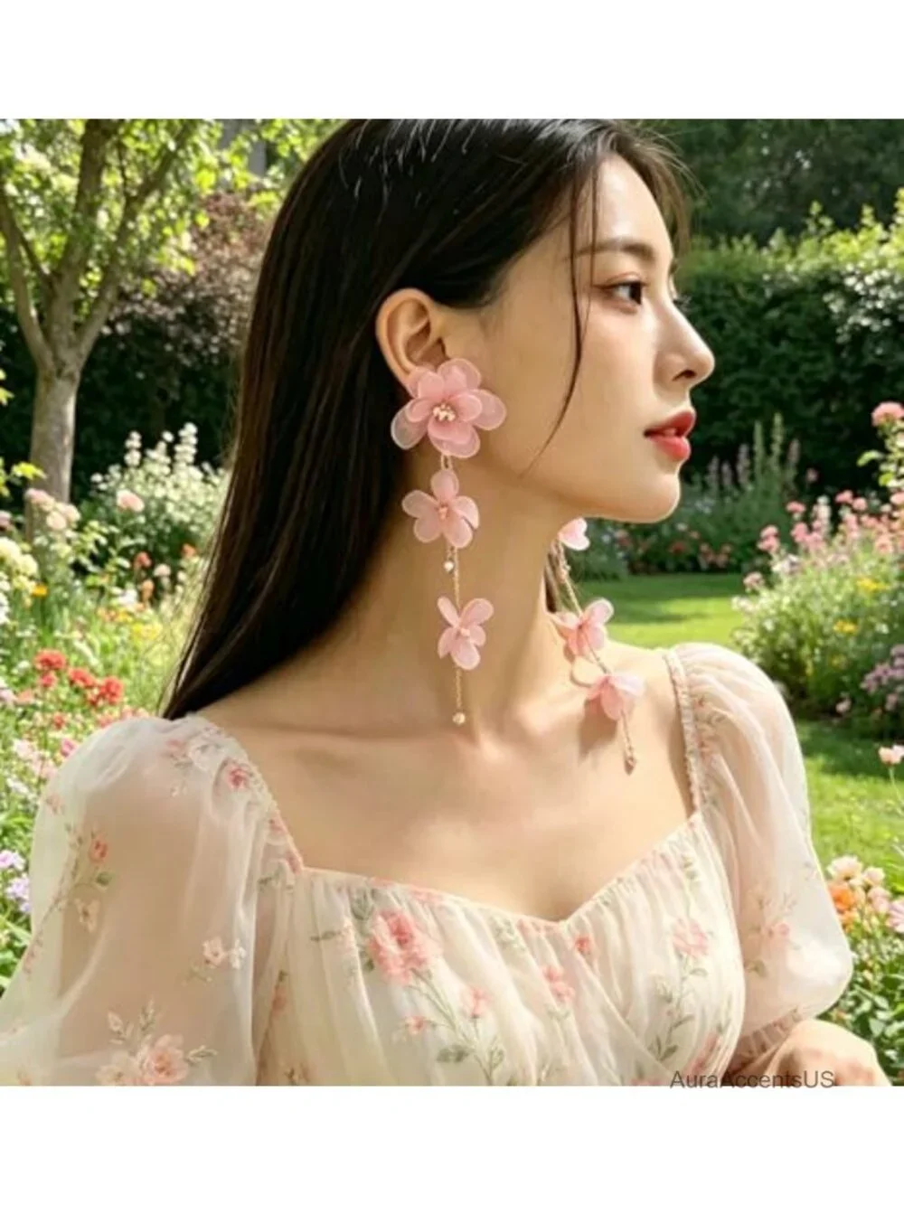 Pink Flower Tassel Earrings, Long Chain Dangle Drop, Boho Statement Jewelry for